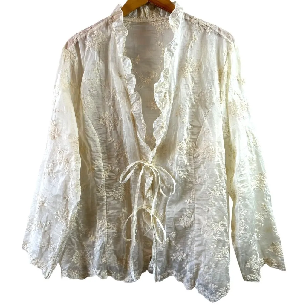 Romantic Embroidered Ivory Sheer Ruffle Tie Jacket Topper 3X White - Image 2
