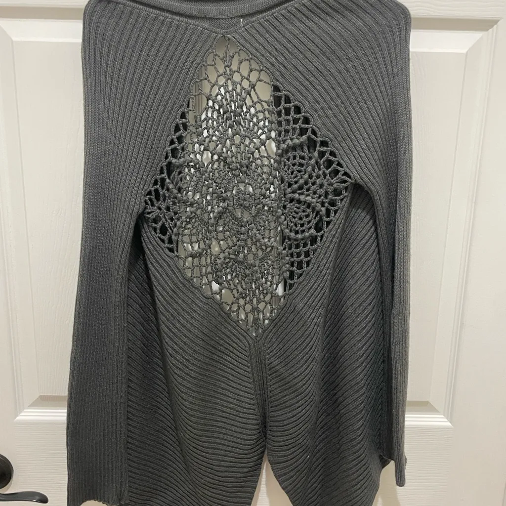 Mystree Charcoal Open Front Ribbed Sweater Cardigan with Crochet Design Small - Image 6