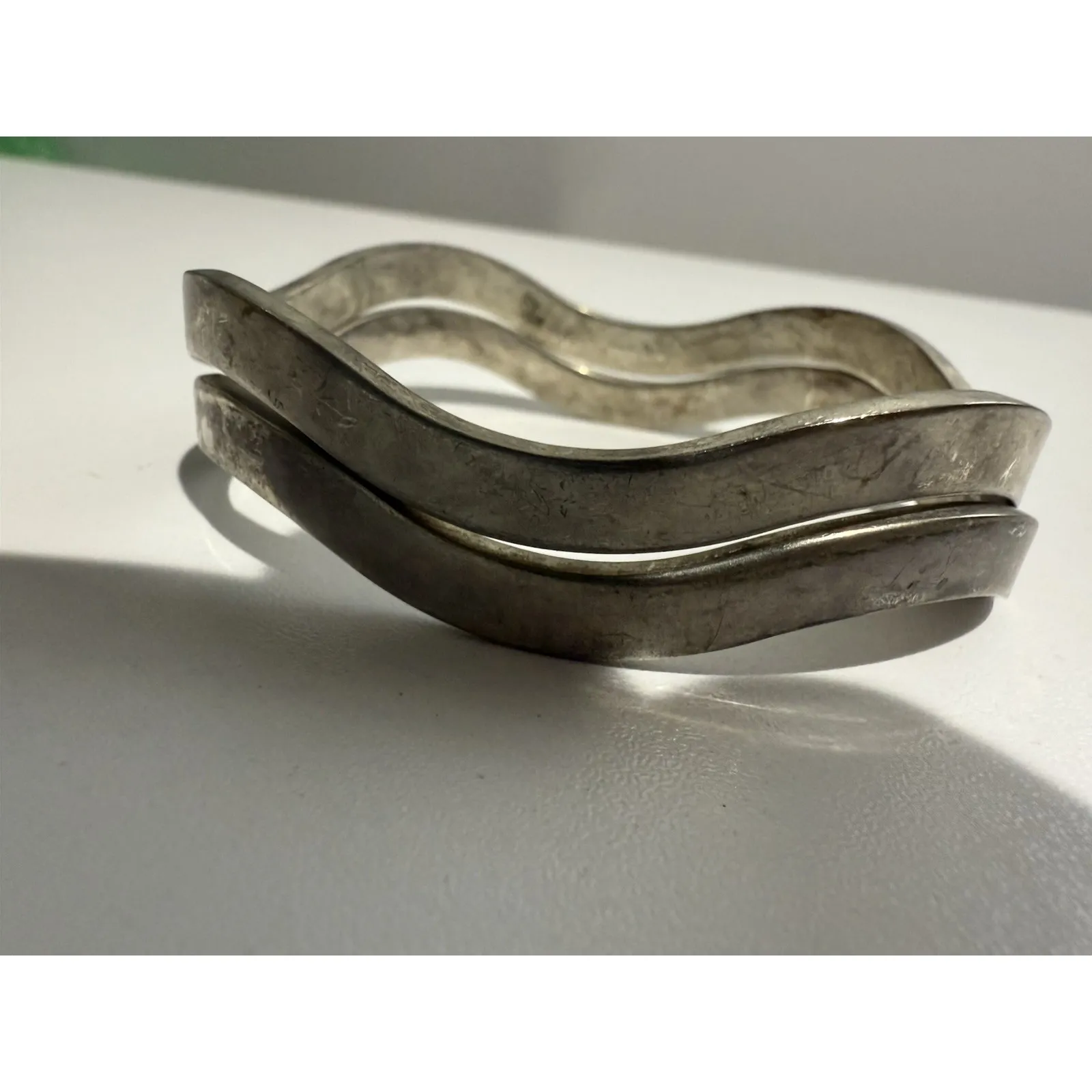 Sterling Silver 2 Stackable Stacked Hinged Wavy Bangle Bracelets Mexico 925 - Image 7