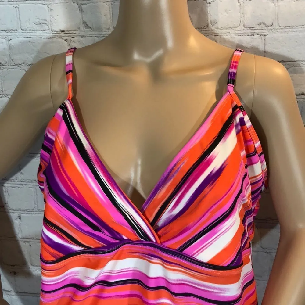 Catalina Pink Purple Striped Plunge Tankini XL - Image 3