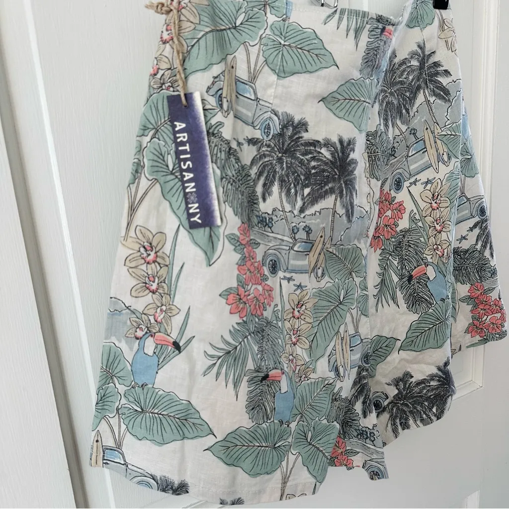 NEW! Artisan NY Linen Tropical Print High Waisted Tie Front Shorts Size 12 - Image 3