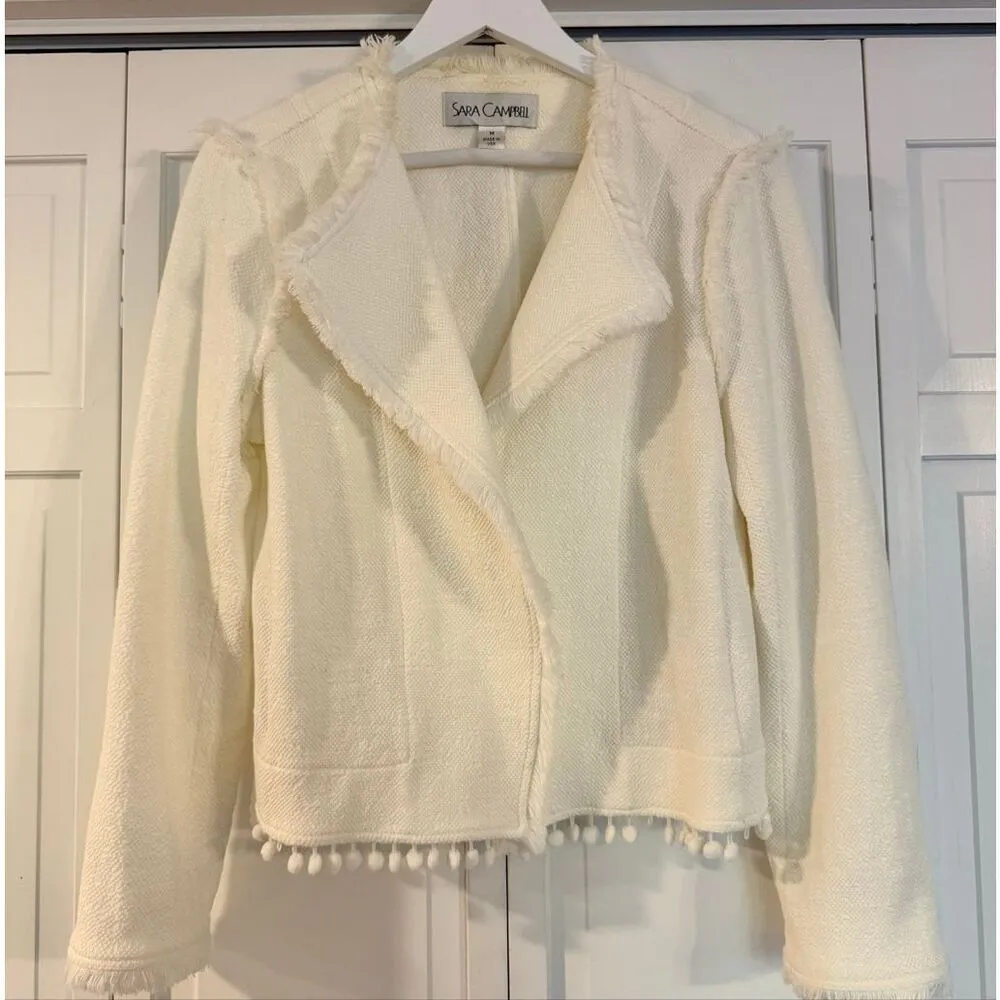Sara Campbell white fringe drape front Pom trim jacket M Size M - Image 3