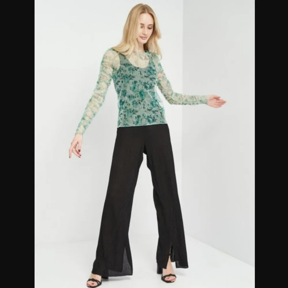 Zara Mesh Top S Green Floral Print Ruched Long Sleeve Sheer Trendy - Image 5
