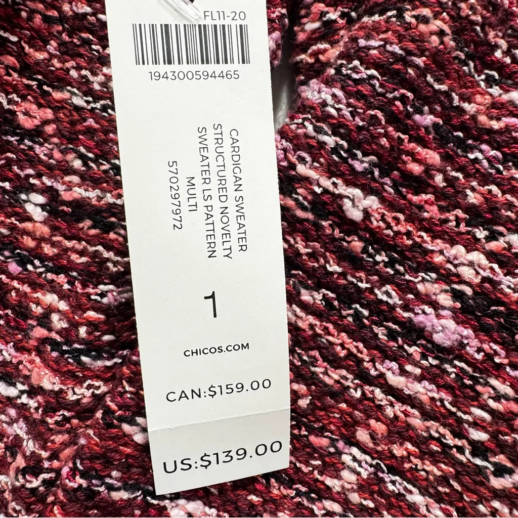 Chico’s Multicolored Maroon Pink Tweed Woven Blazer Cardigan Sweater Fringe Trim - Image 6