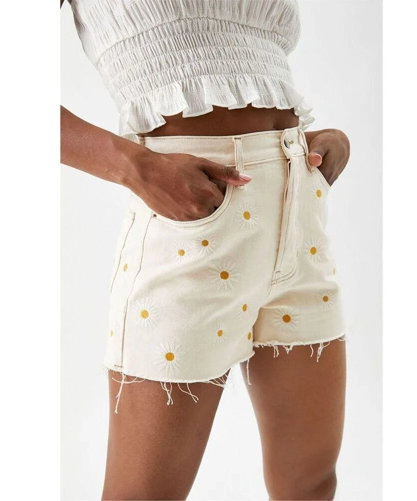 PacSun Daisy Embroidered Ultra High Waisted Vintage Denim Shorts Sz 26 - Image 14