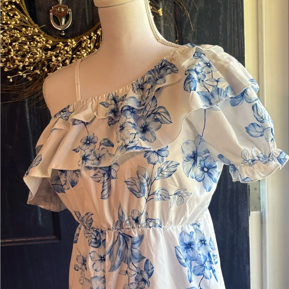 SHEIN Blue and White Asymmetrical Ruffled Romper - Image 2