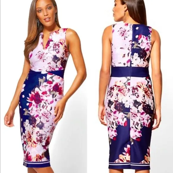 New York & Company Floral Midi Sheath Dress L Blue Size L - Image 2