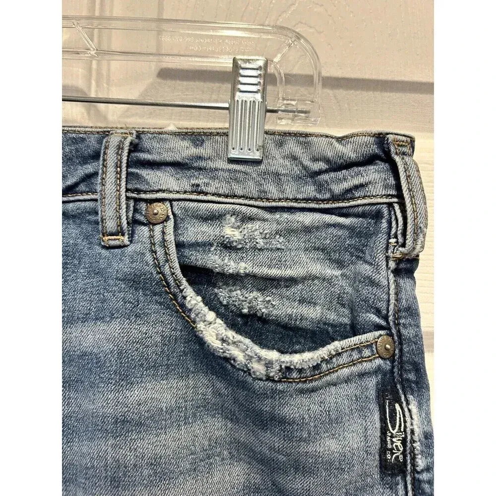 Silver Jeans Francy Mini Skirt‎ Womens 6 Blue Denim Mid Rise Raw Hem Zip Fly - Image 4