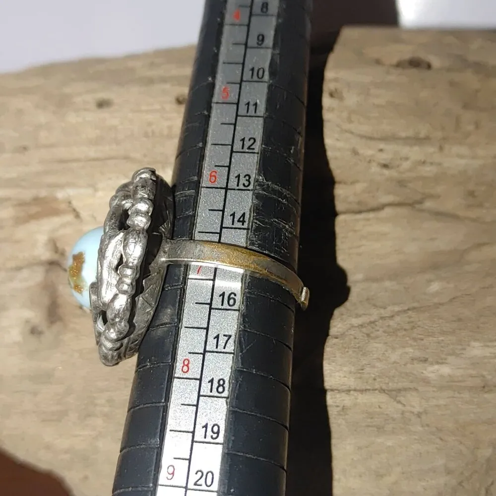 Vintage Silver Tone Ring Blue Speckled Stone Floral Size 7 Unique Ornamental - Image 3