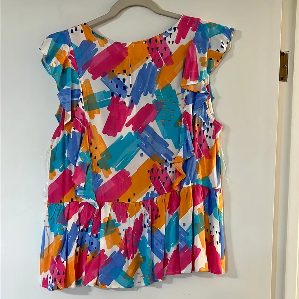Ruffled Flutter Sleeve Blouse in Pink and Blue Size L - Image 6