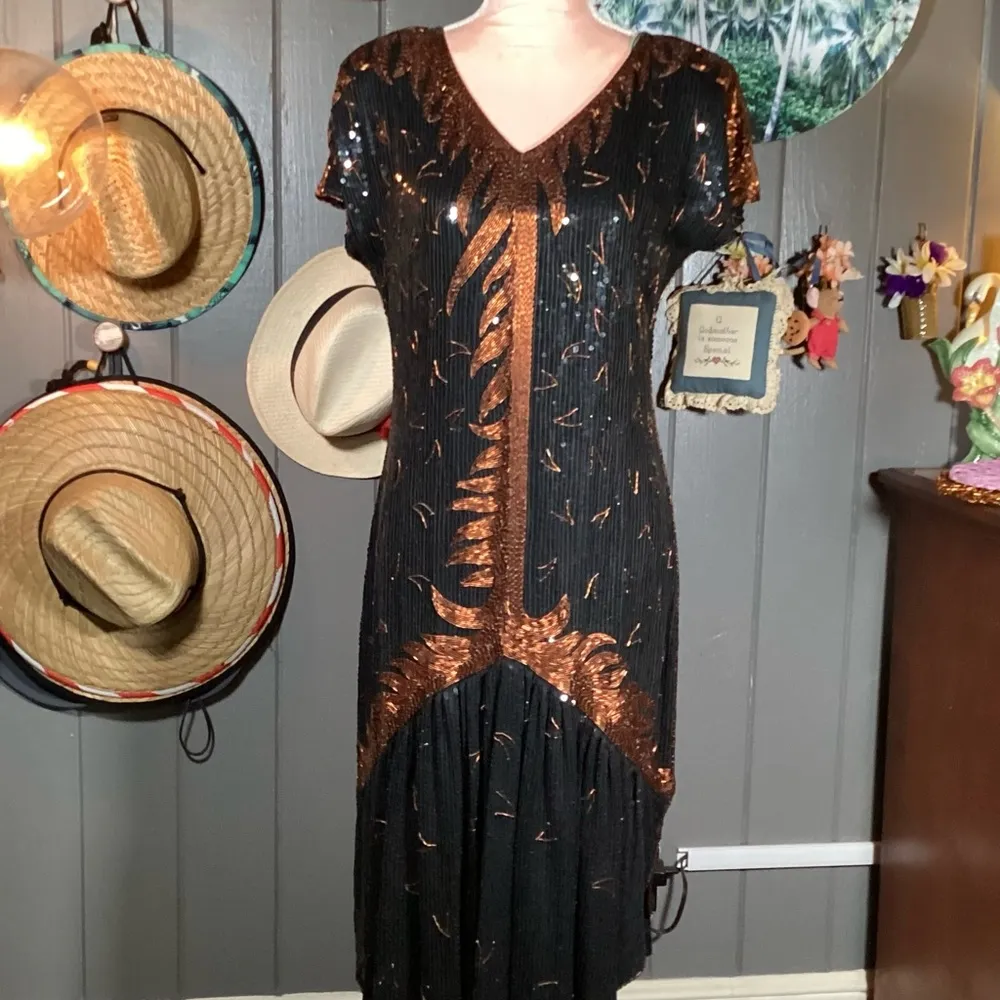 Black & Bronze Sequin Embellished Flutter Sleeve Midi Dress - Image 3