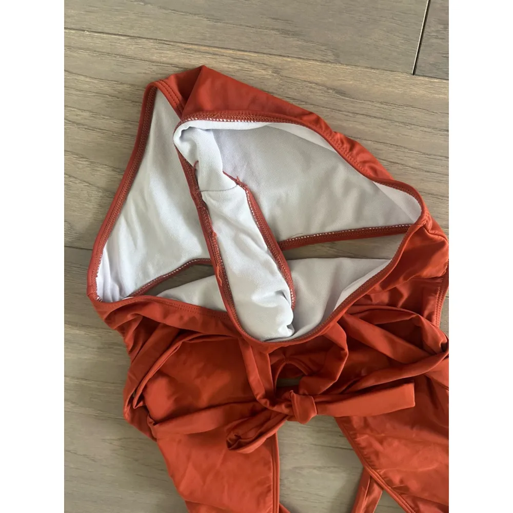 One Piece Plunge Knot Front Rust Swimsuit Size Small Red - Image 2
