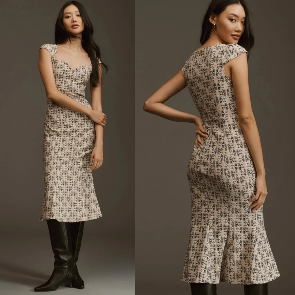 Anthropologie The Cecily Fit & Flare Midi Sweetheart Dress in Neutral Floral - Image 3