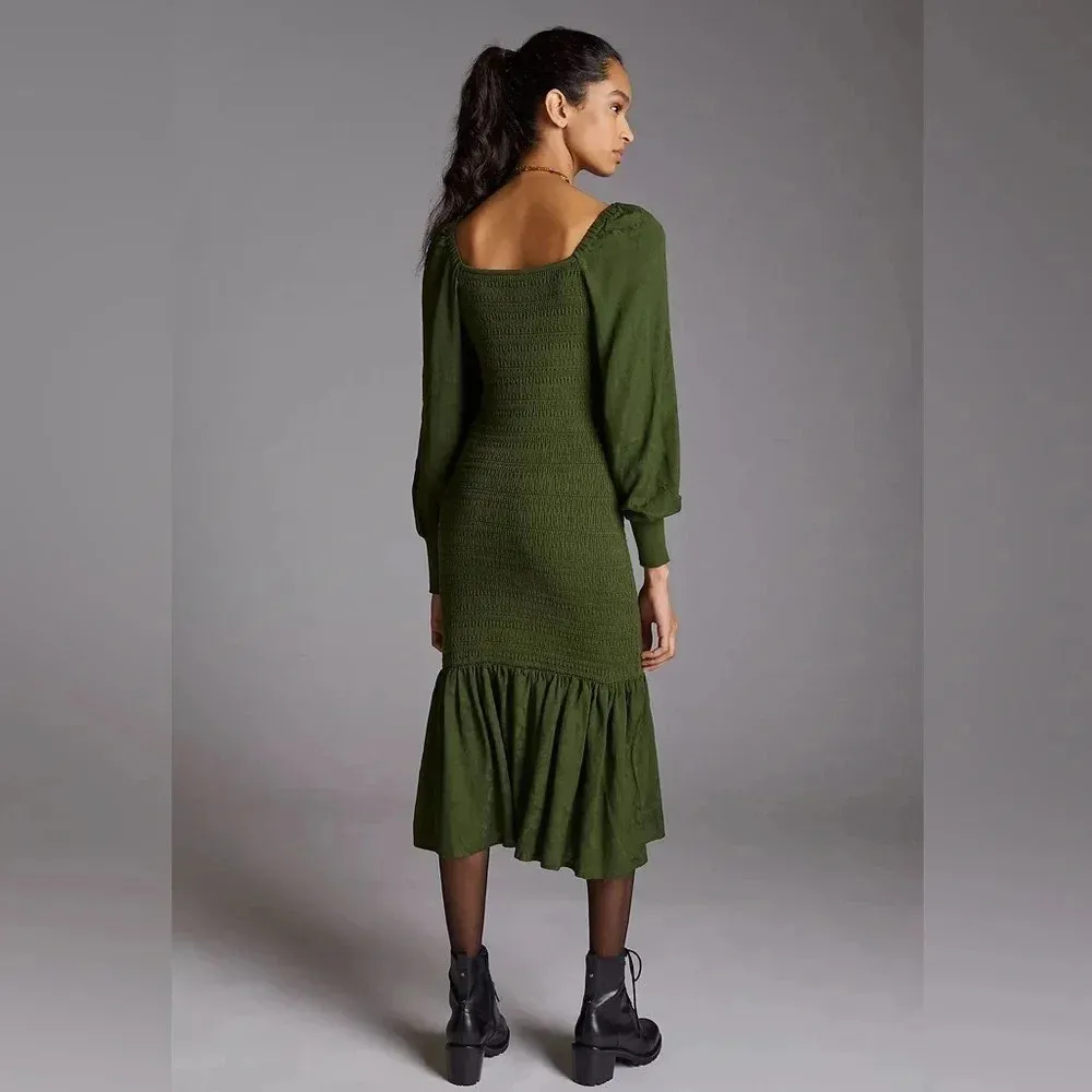 Anthropologie Moss Green Smocked Puff-Sleeved Sweater Midi Dress Size Large L - Image 4