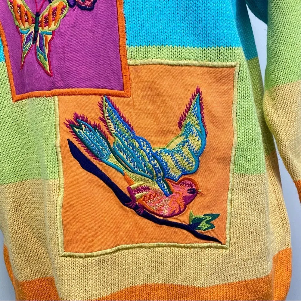 Vintage Rainbow Oversized Medium Knit Embroidered Sweater Patchwork - Image 3