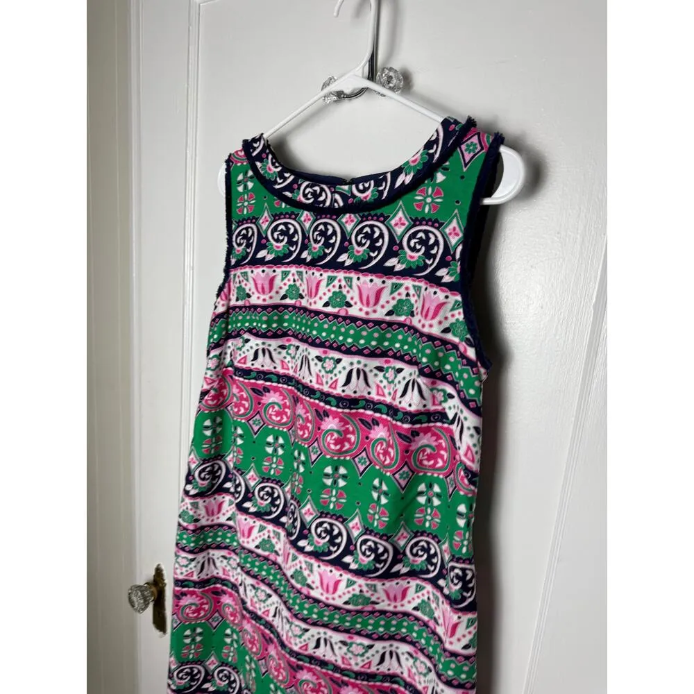 Talbots Dress Womens 10 Pink Green Sleeveless Shift Floral Fringe Classic Preppy - Image 6
