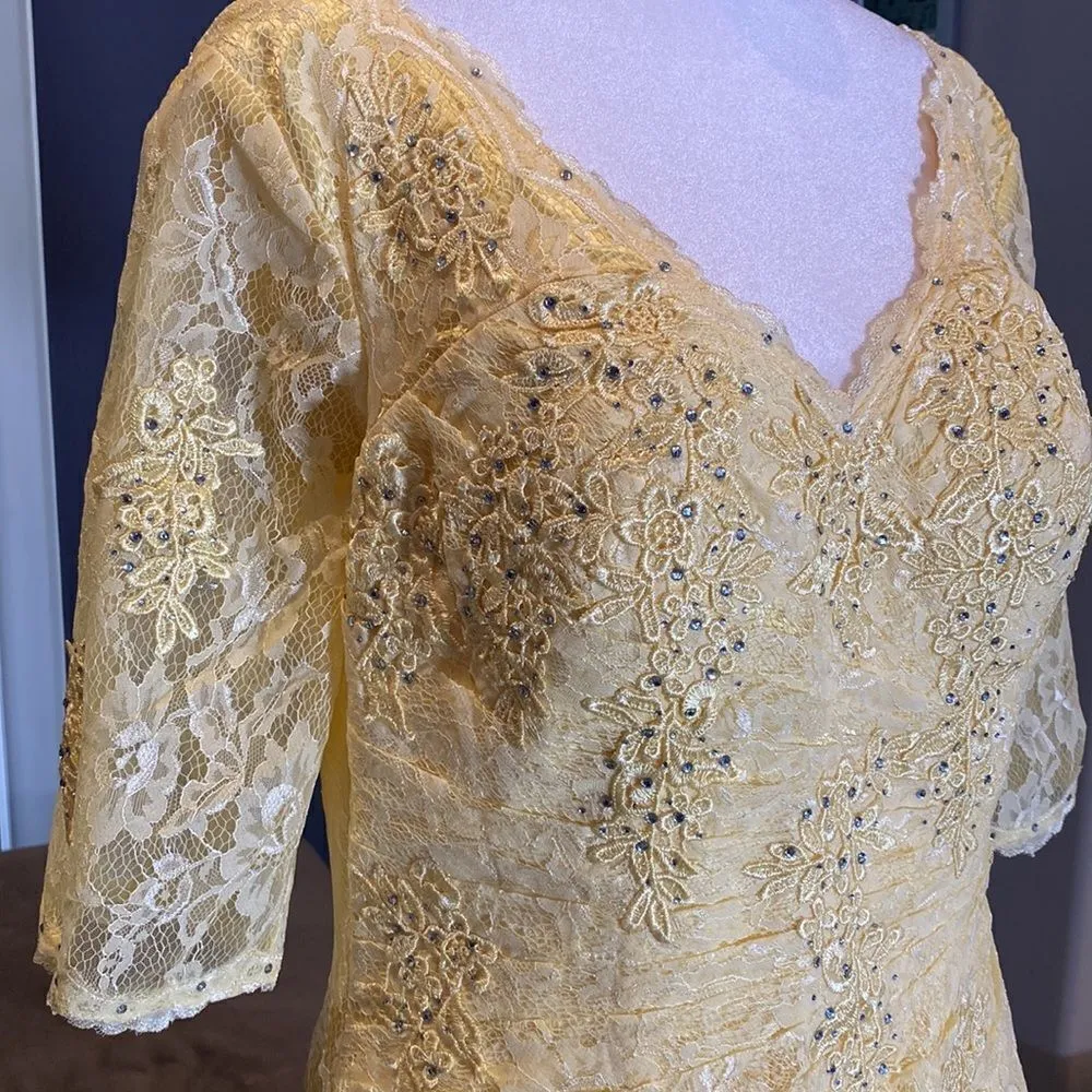 Women’s Yellow Lace Full Length Dress Mother of the Bride Small Train Zip Size L Yellow Size L - Image 3