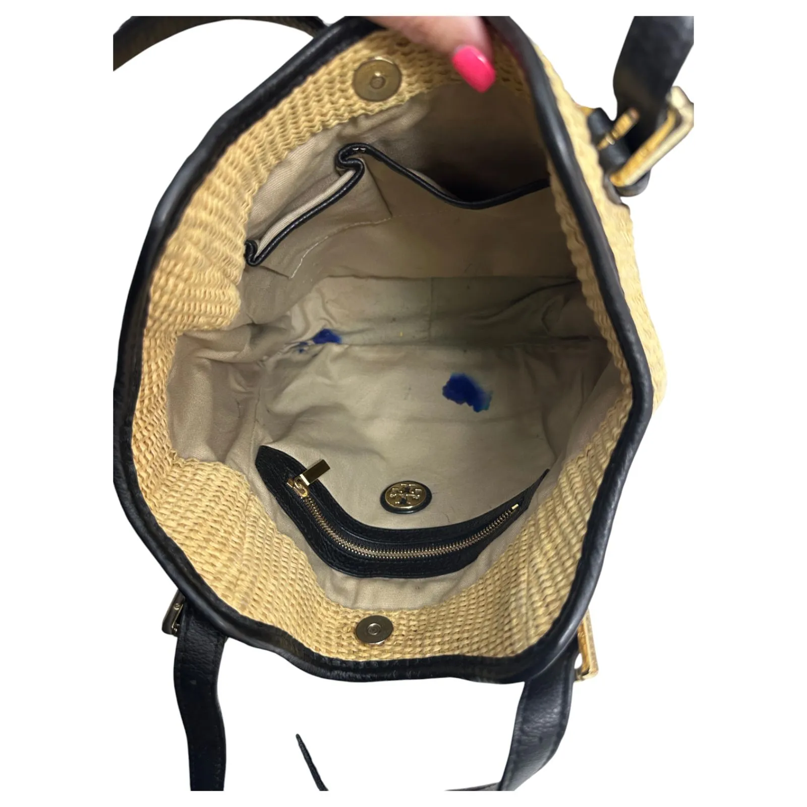 Tory Burch Raffia Ella Tote Purse Black Leather - READ - Image 3