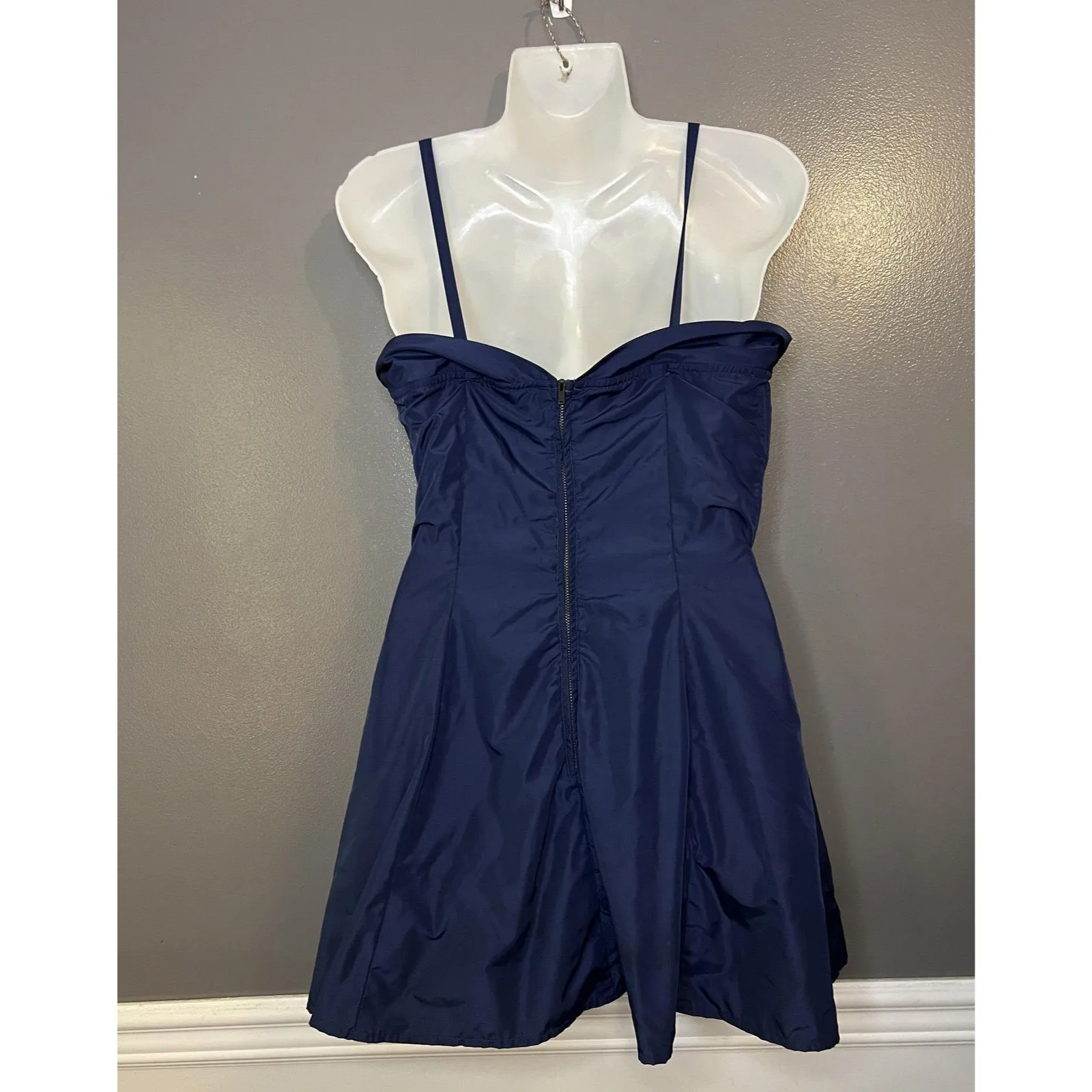 Vintage Loomtogs Swim Dress Womens Small Navy Blue One Piece Bow Zip Back 50s - Image 5