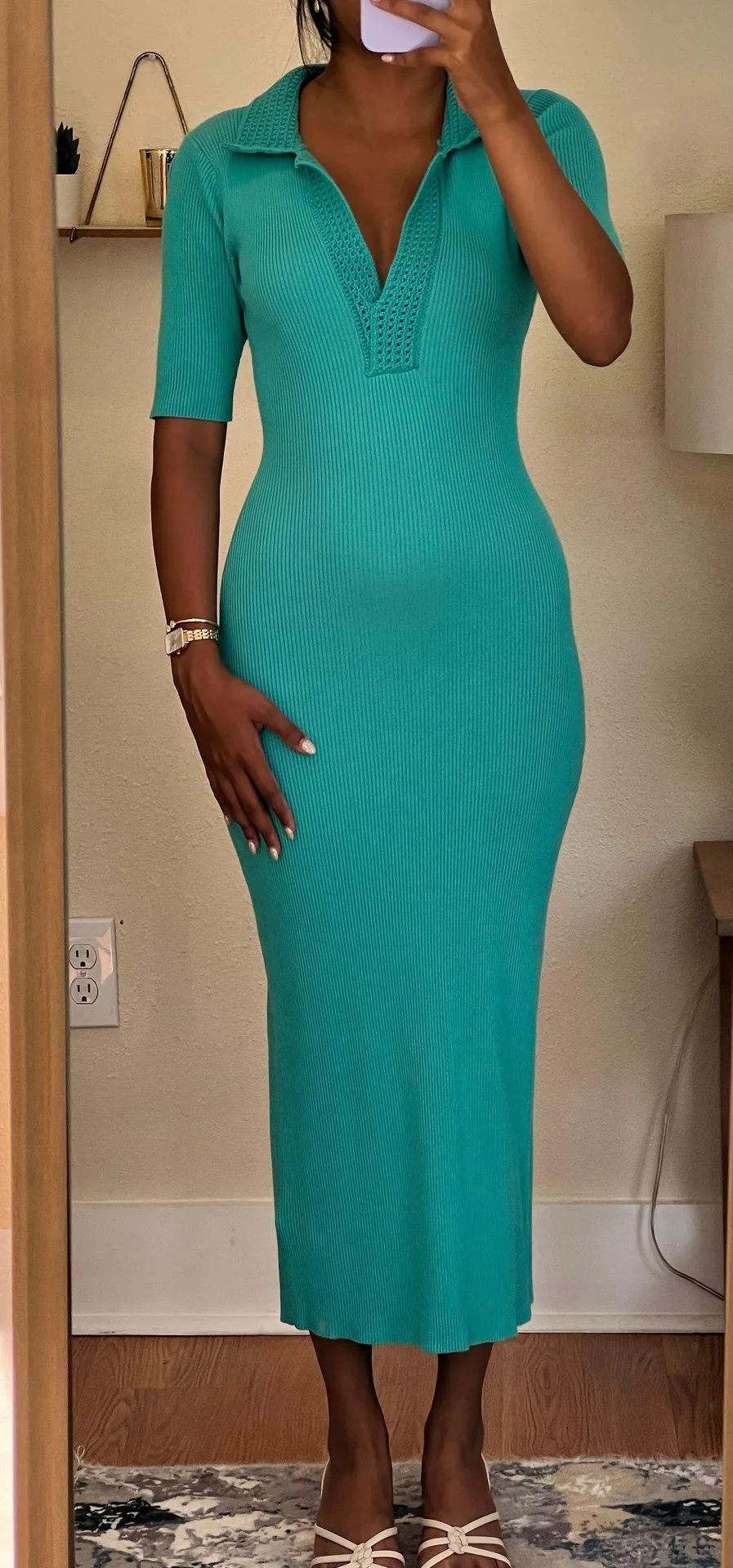 Teal Ribbed Collar Midi Dress Small - Image 4