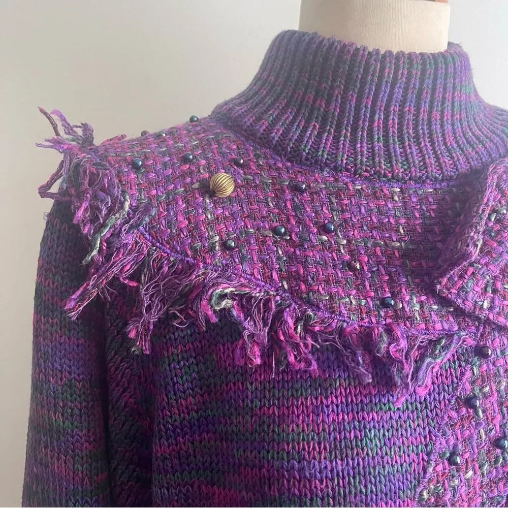 Vintage 90s Ann Wi Sweater Purple Green Embellish Boucle Bow Fringe Beads Large - Image 2