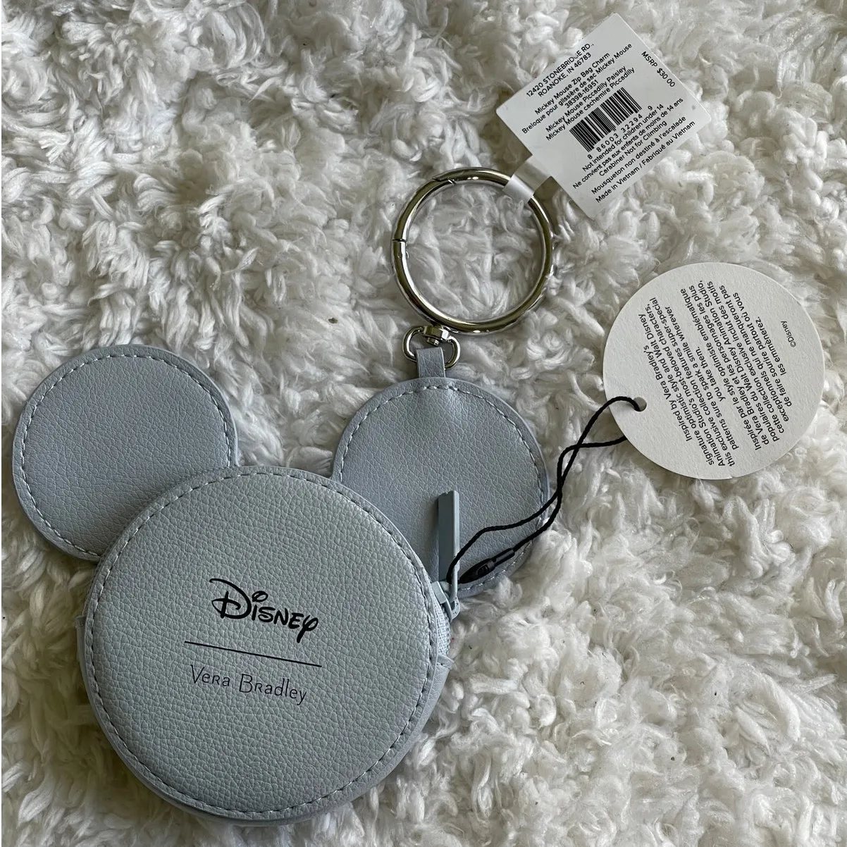 Disney Vera Bradley Mickey Mouse Zip Bag Charm Gray Piccadilly Paisley Keychain - Image 8