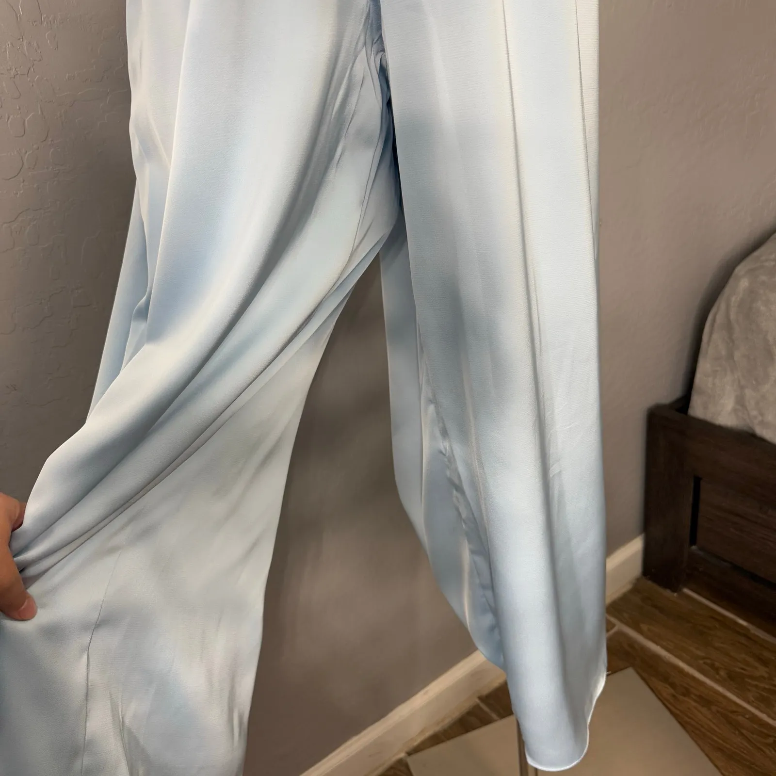 Azazie Oli Stretch Sky Blue Pleated Stretch Satin Jumpsuit - Image 4