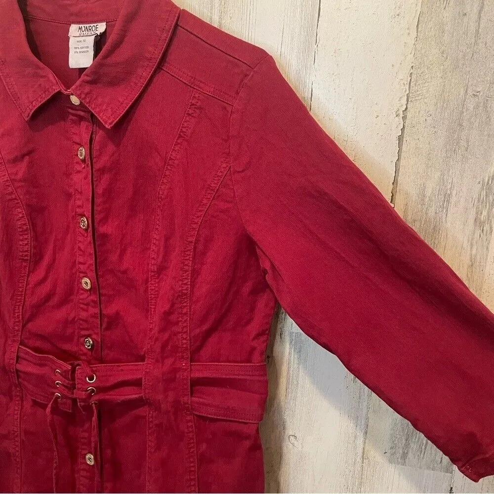 Monroe & Main Denim Collared Corset Belted Dress- Burgundy Maroon size 12 - Image 5