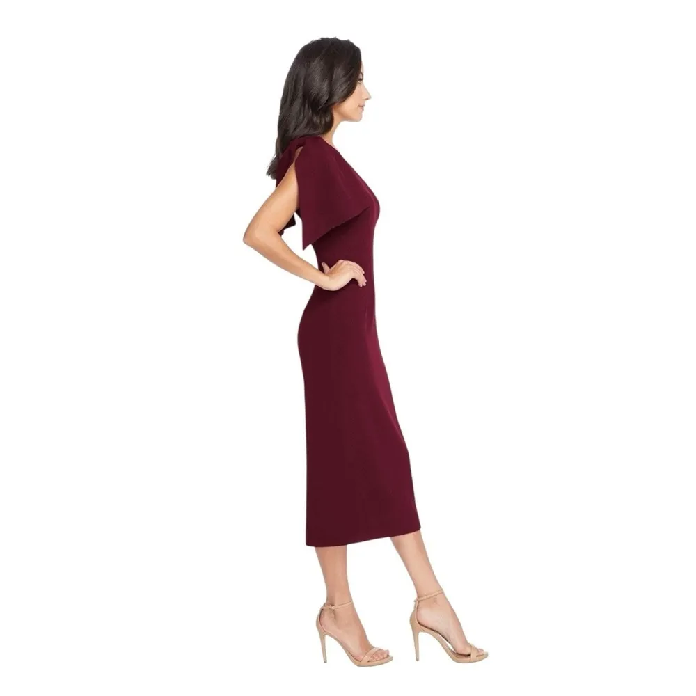 Dress the Population Tiffany One Shoulder Bow Detail Midi‎ Sheath Large Burgundy - Image 3