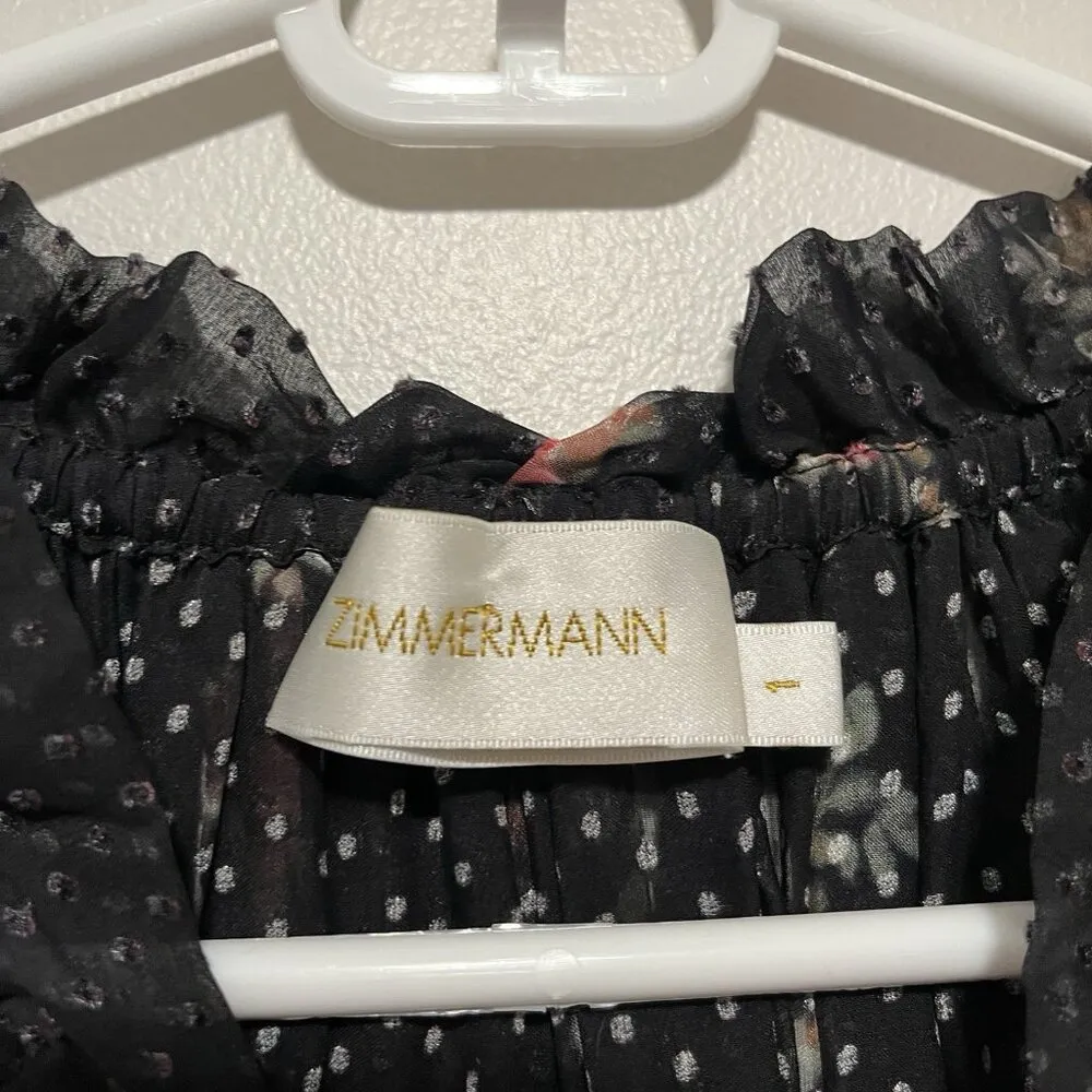 Zimmermann Folly Ruffle Neck Black Swiss Dot‎ Floral Midi Dress Size 1 - Image 6