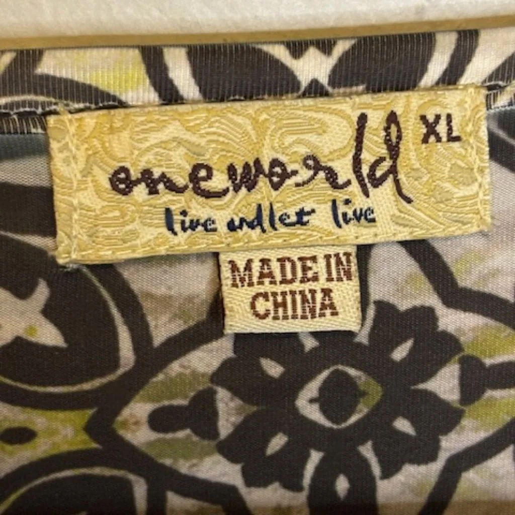 One World Blouse Women's Size XL Floral Tiered Flutter‎ Black White - Image 3