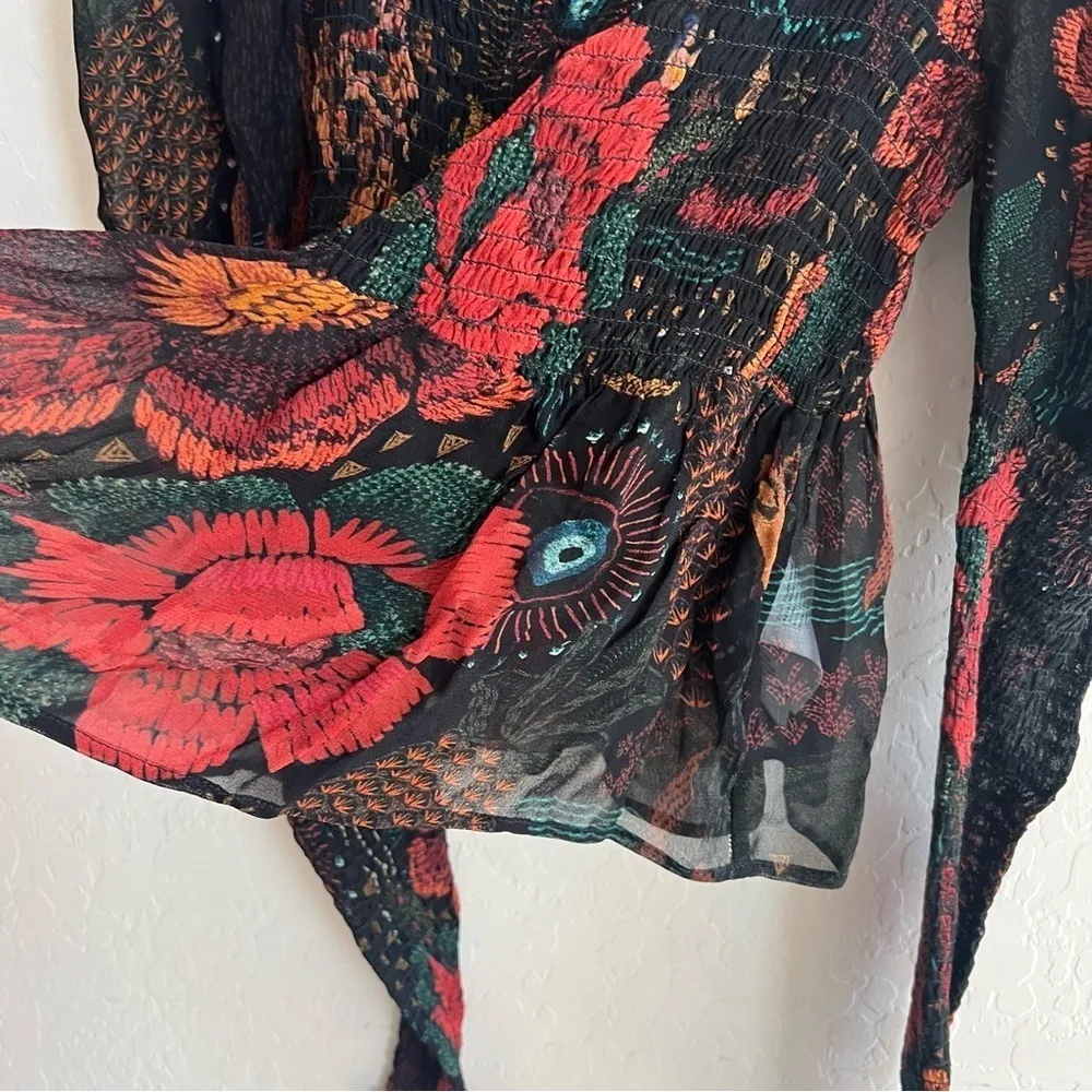 FARM RIO Smocked River Creatures Blouse Long Sleeve in Black Multi - Image 11