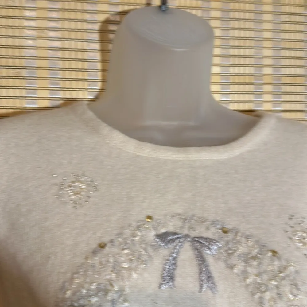 Orvis Vintage 1990s Y2K Ivory Sweater Wreath Snowflake Embroidery Beading XL - Image 7