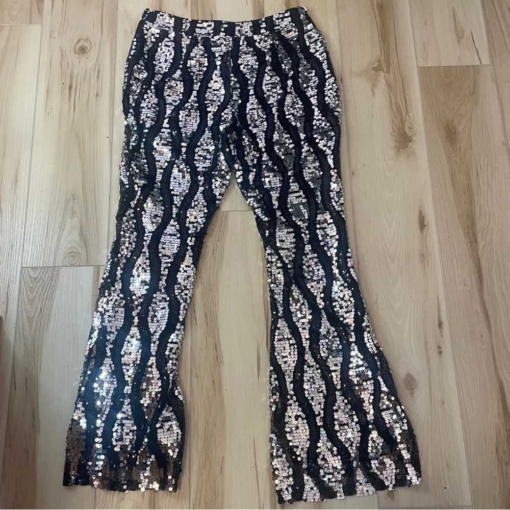 boohoo petite sequin two tone flare trousers pants black and silver size 10 - Image 4