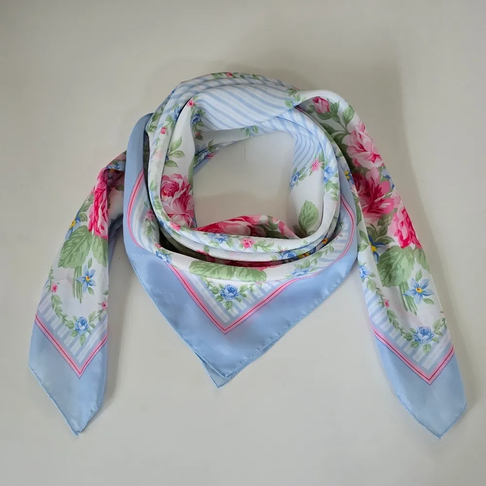 Vintage Avon 1989 Blue & Pink Floral Stripe Cottagecore Square 35" Scarf - Image 3