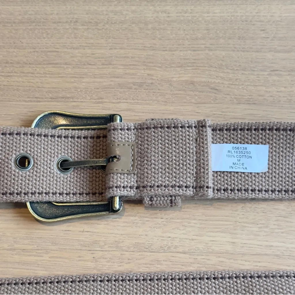 Vintage Y2K 90s Canvas Woven Belt Grommets Tan/Brass Boho Western 100% Cotton M - Image 5