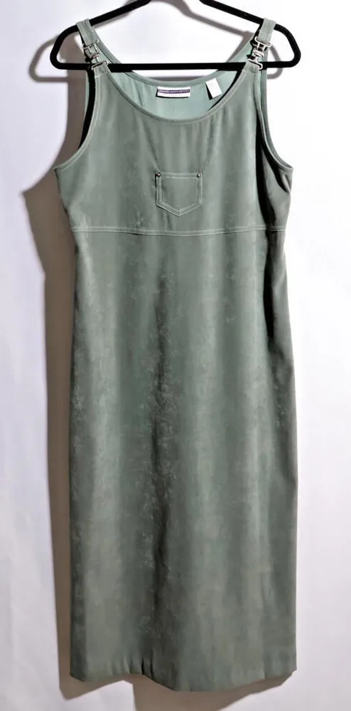 VTG 90s Amanda Smith Green Overall Dress Teacher Solid Petite M Midi Academia - Image 1