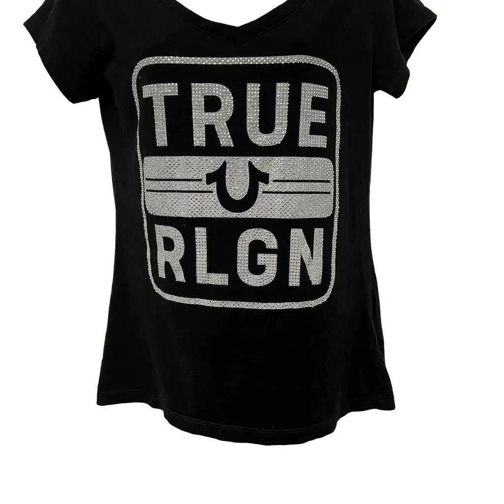 True Religion Rhinestone Bling Diamond Logo Short Sleeve V-Neck T-Shirt Top Y2K - Image 4