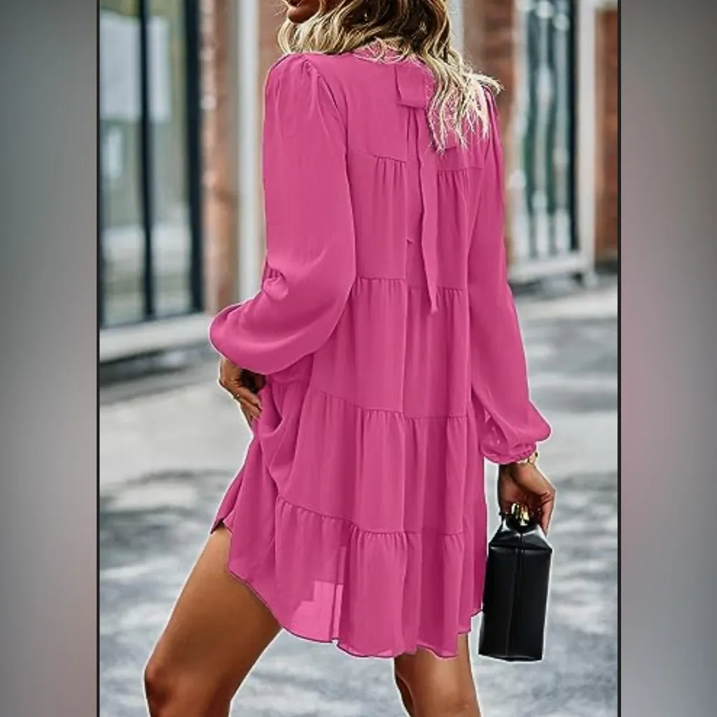 KIRUNDO Long Sleeve Ruffle Mock Neck Tiered Mini Babydoll Dress Pink Size L - Image 6