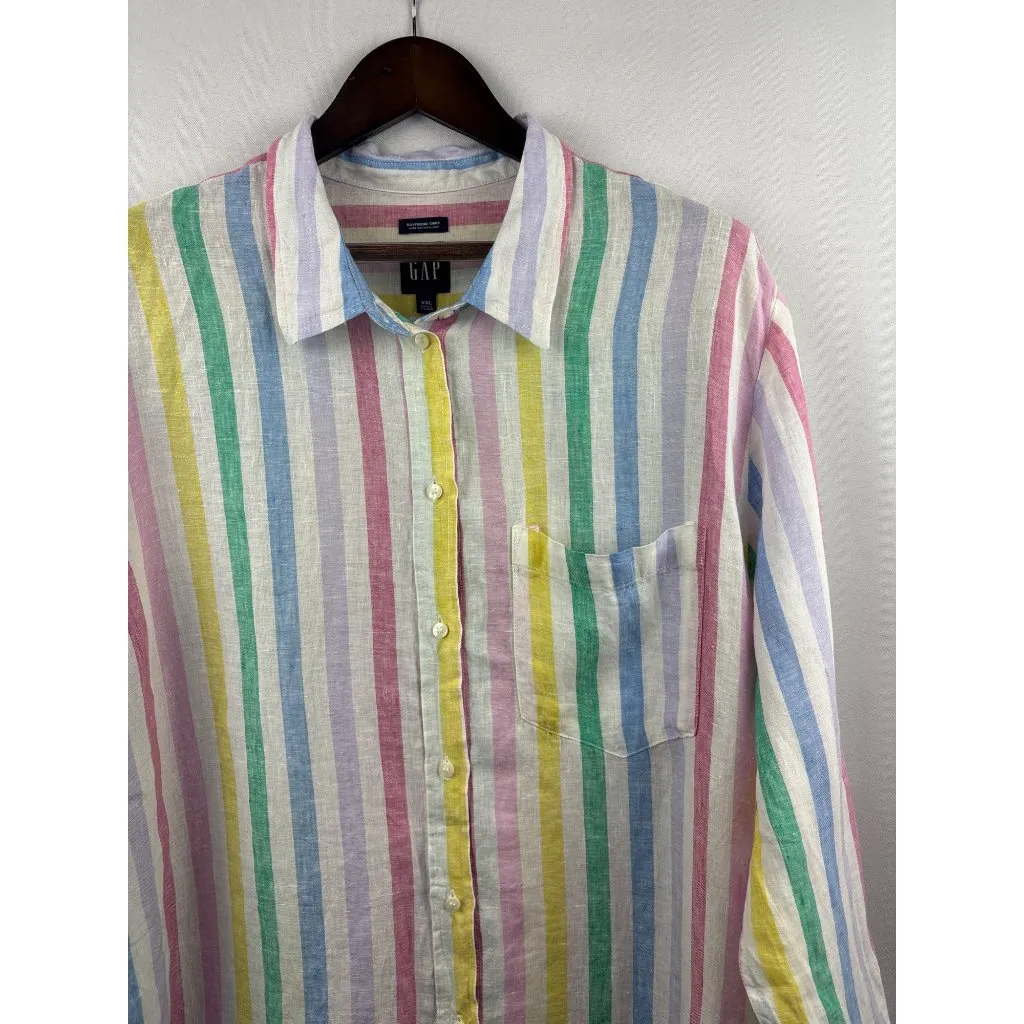Women’s GAP XXL White Linen Button Up w/ Multicolor Stripes - Image 2