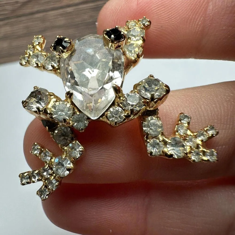 Vintage Bauer Frog Lapel Tack Pin Gold Tone Rhinestone - Image 2