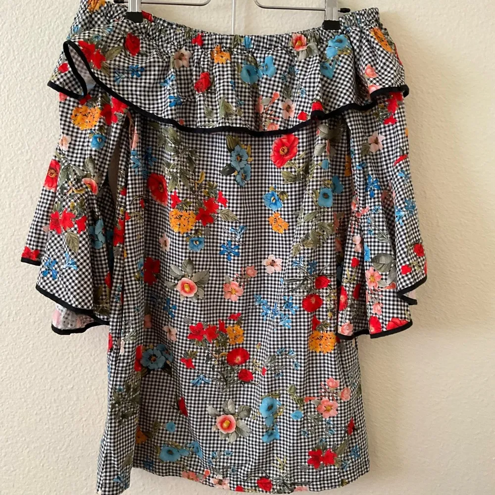 Zara Checkered Floral Off Shoulder Mini Dress - Image 6