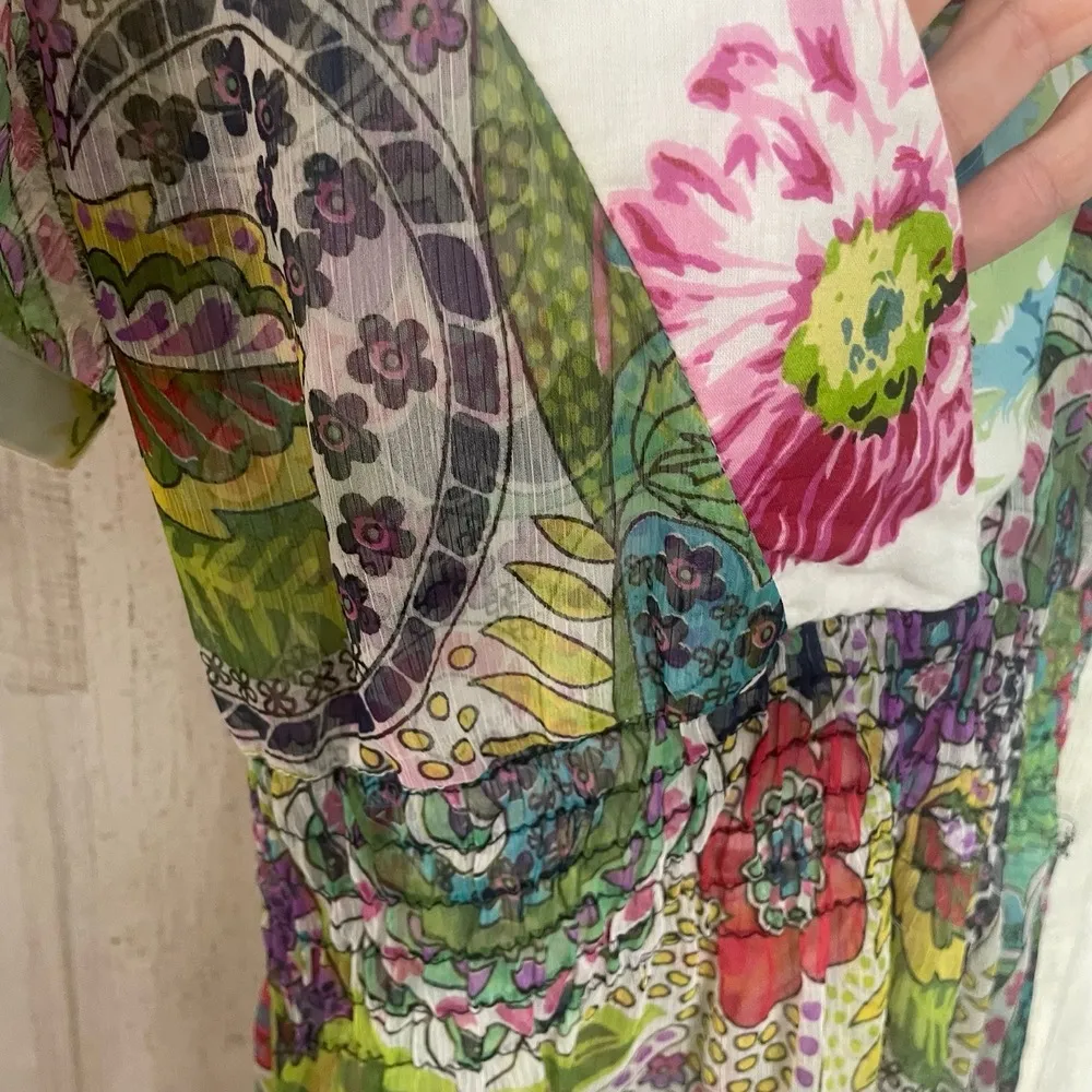 Dolled Up By FANG Tunic Blouse size L Rainbow Floral Sheer V - Image 8