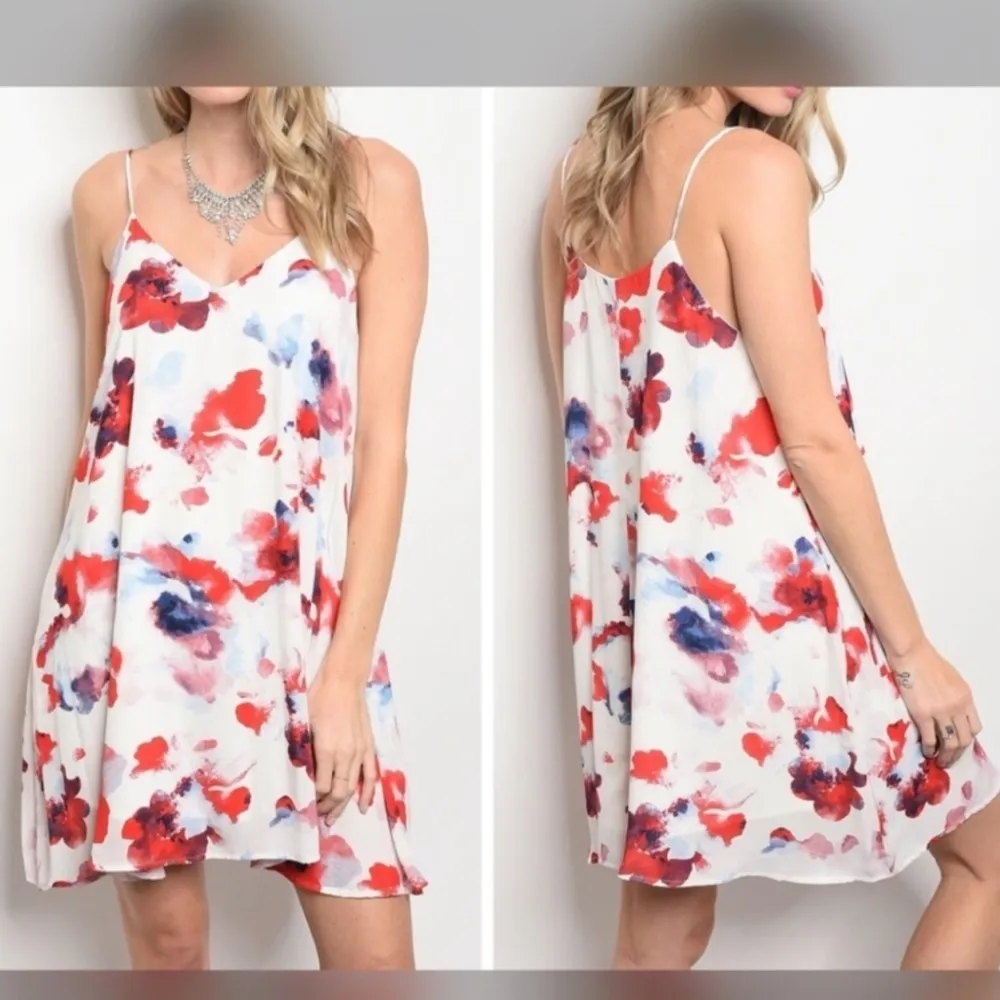 PEACH LOVE California medium dress spaghetti strap red white blue floral flaws - Image 8