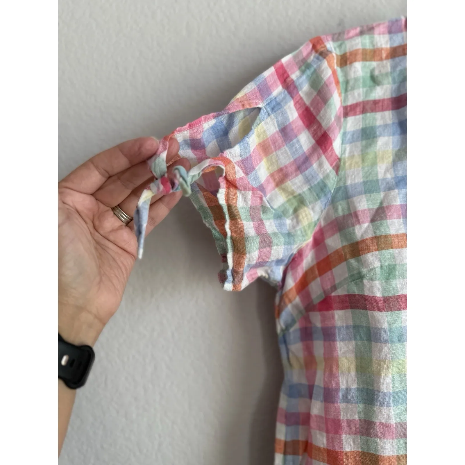 Talbots‎ Women's Linen Top Split Neck Pastel Plaid Casual Sleeve Tie Detail Sz M - Image 9