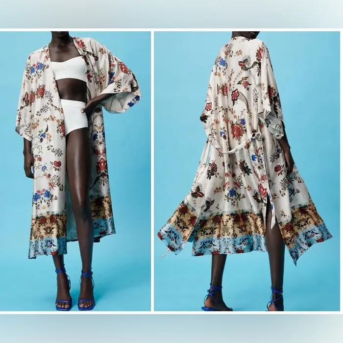 Zara ITALIAN FABRIC Long Cardigan Kardigan Kimono Bunga Wanita M/L - Image 2