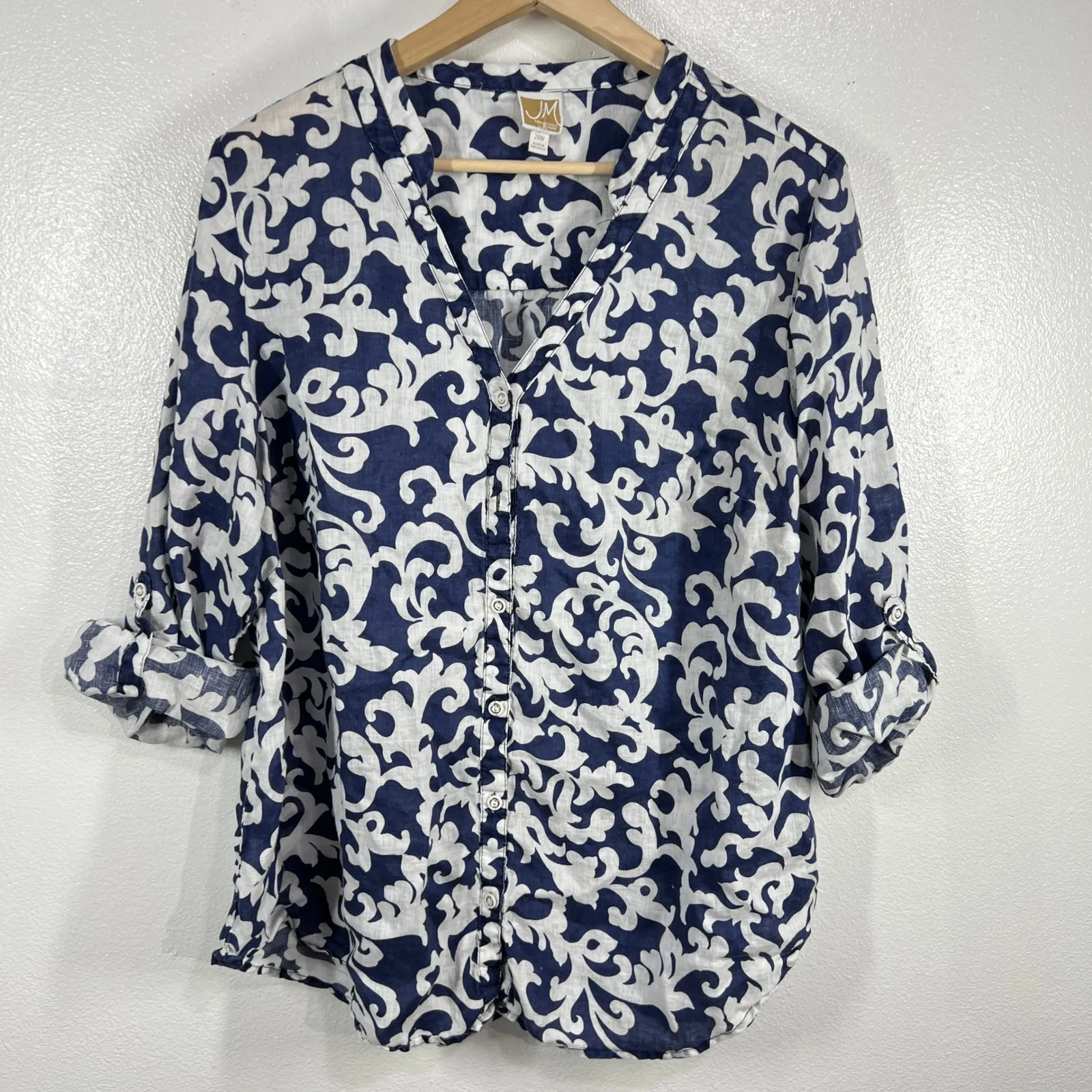 JM Collection Linen Blouse 20W Blue White Scroll Print Button Front Roll Tab - Image 2