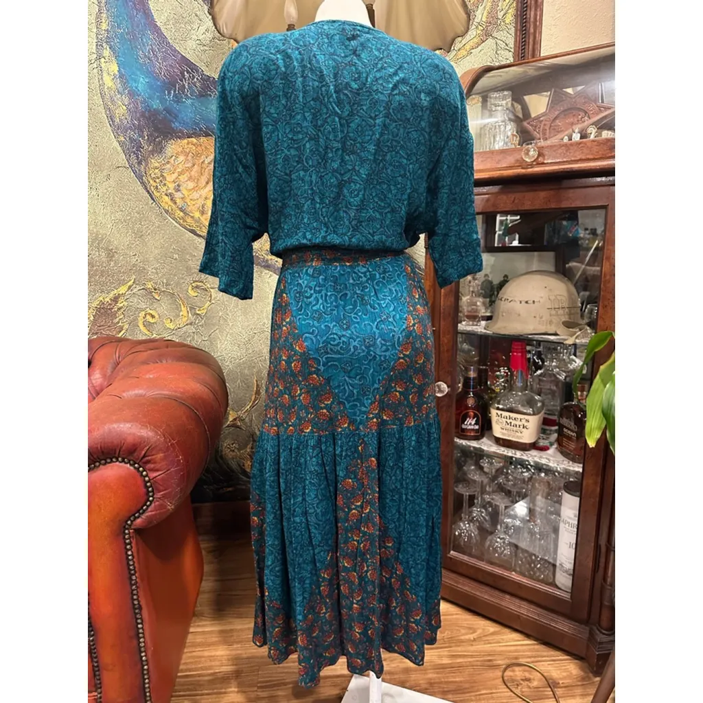 Carole Little Dress Size 12 Teal Orange Floral Print Women's Blue - Image 3