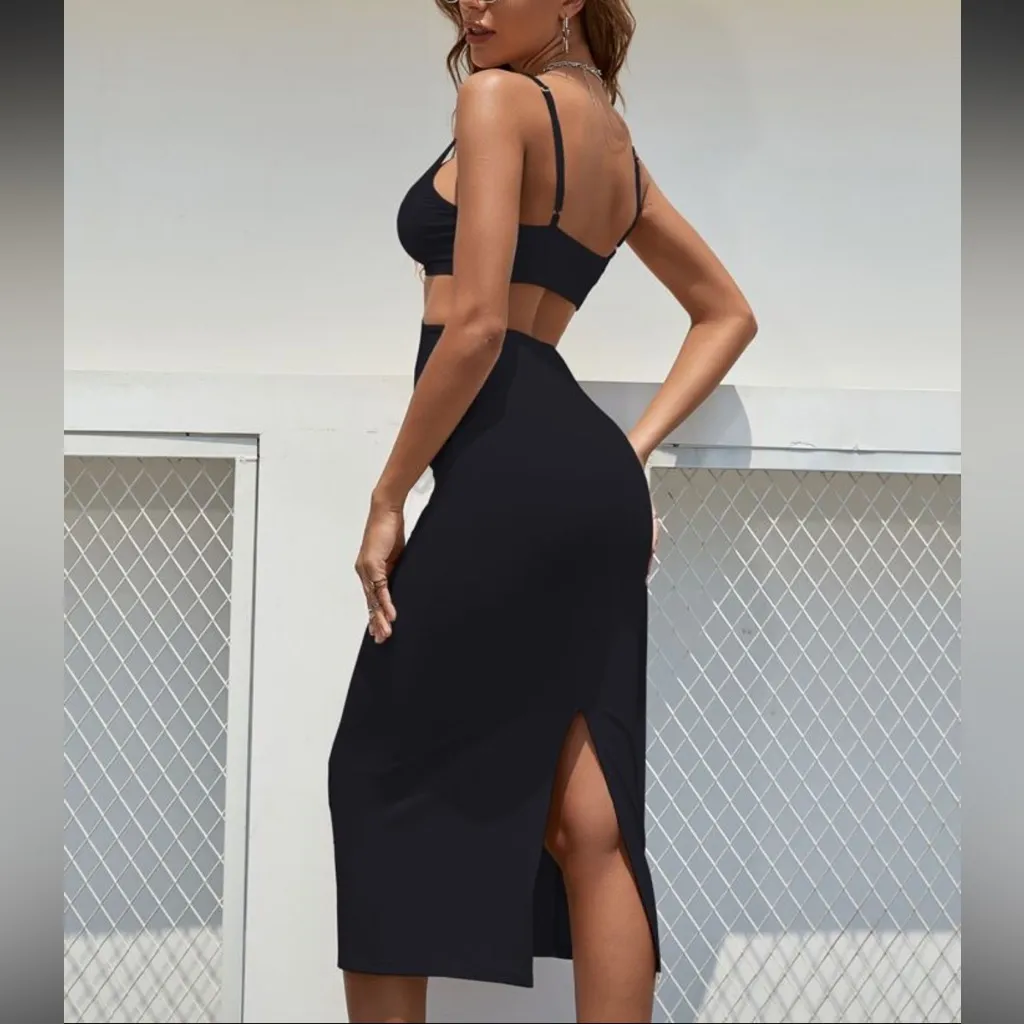 Elegant Black Cut-Out Midi Dress - Image 2