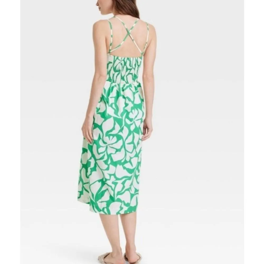 A New Day green floral cross back in pocket midi dress small - Image 2